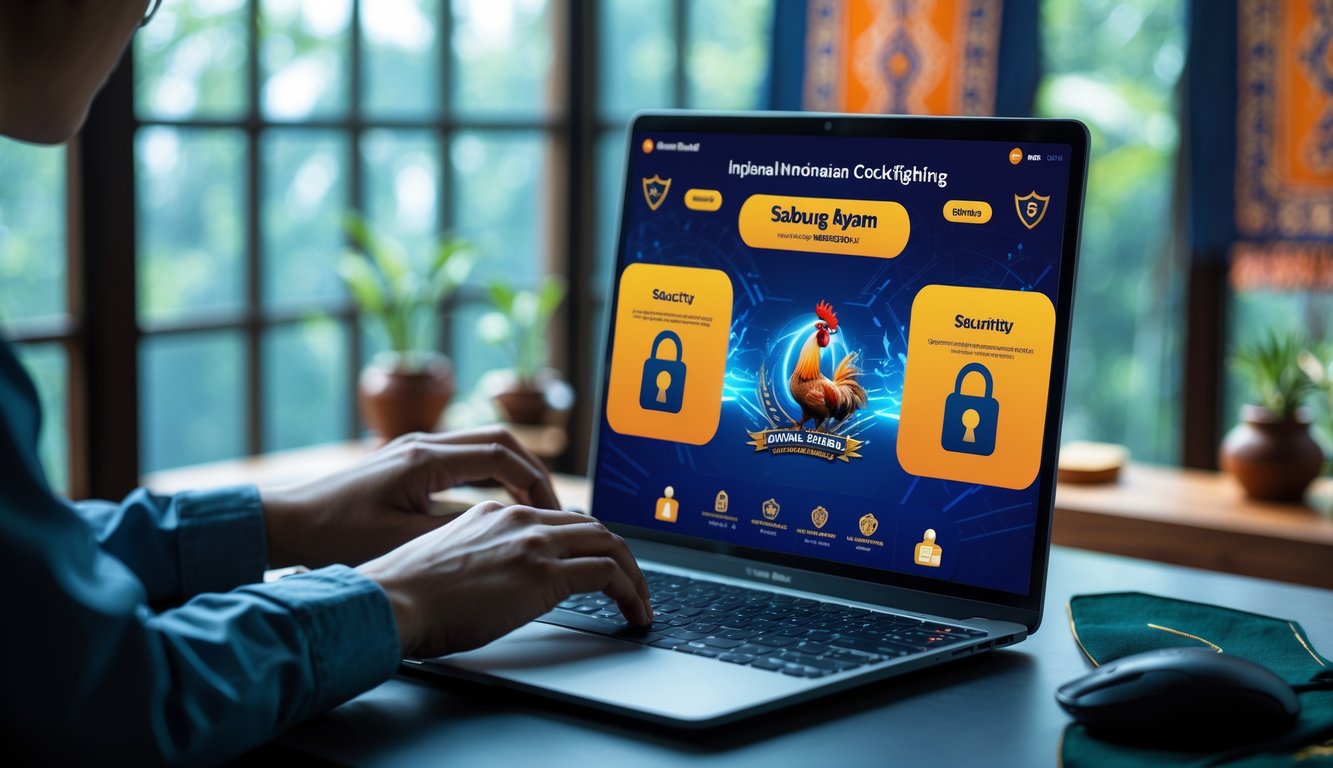 Seorang pengguna sedang menggunakan laptop dengan tampilan platform sabung ayam online yang aman dan terpercaya, dengan latar belakang motif batik dan suasana ruang kerja yang rapi.