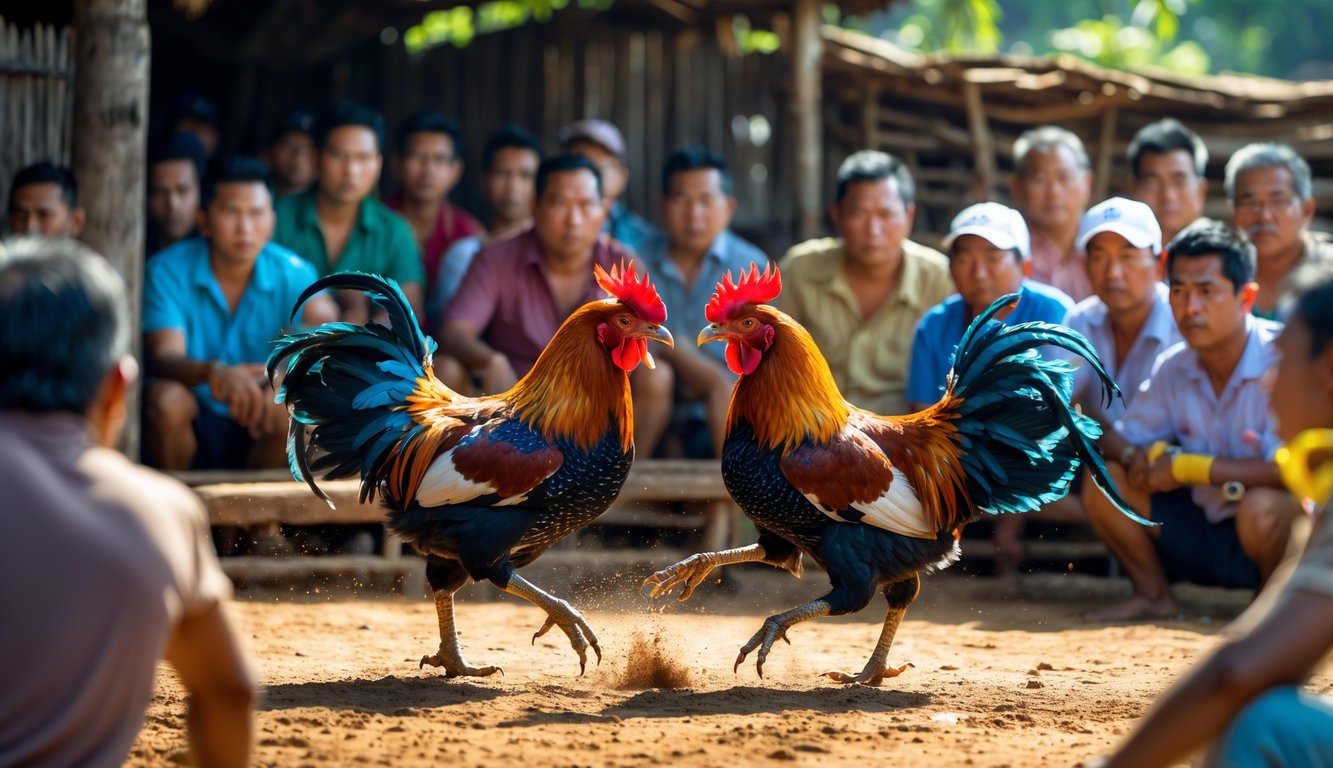 Dua ayam jago sedang bertarung di arena terbuka dengan sekelompok orang menonton dengan serius di sekelilingnya.