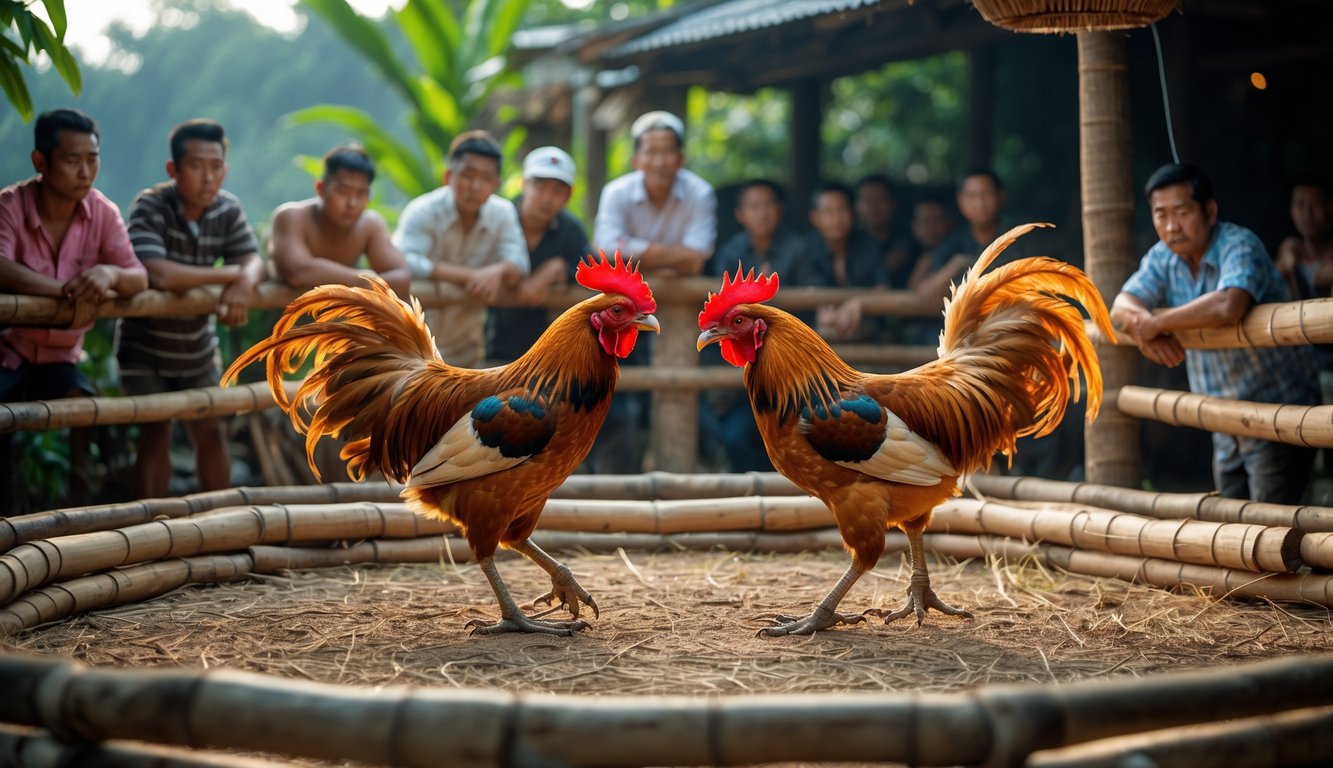 Dua ayam jago saling berhadapan di arena sabung ayam tradisional dengan beberapa penonton memperhatikan dengan serius.