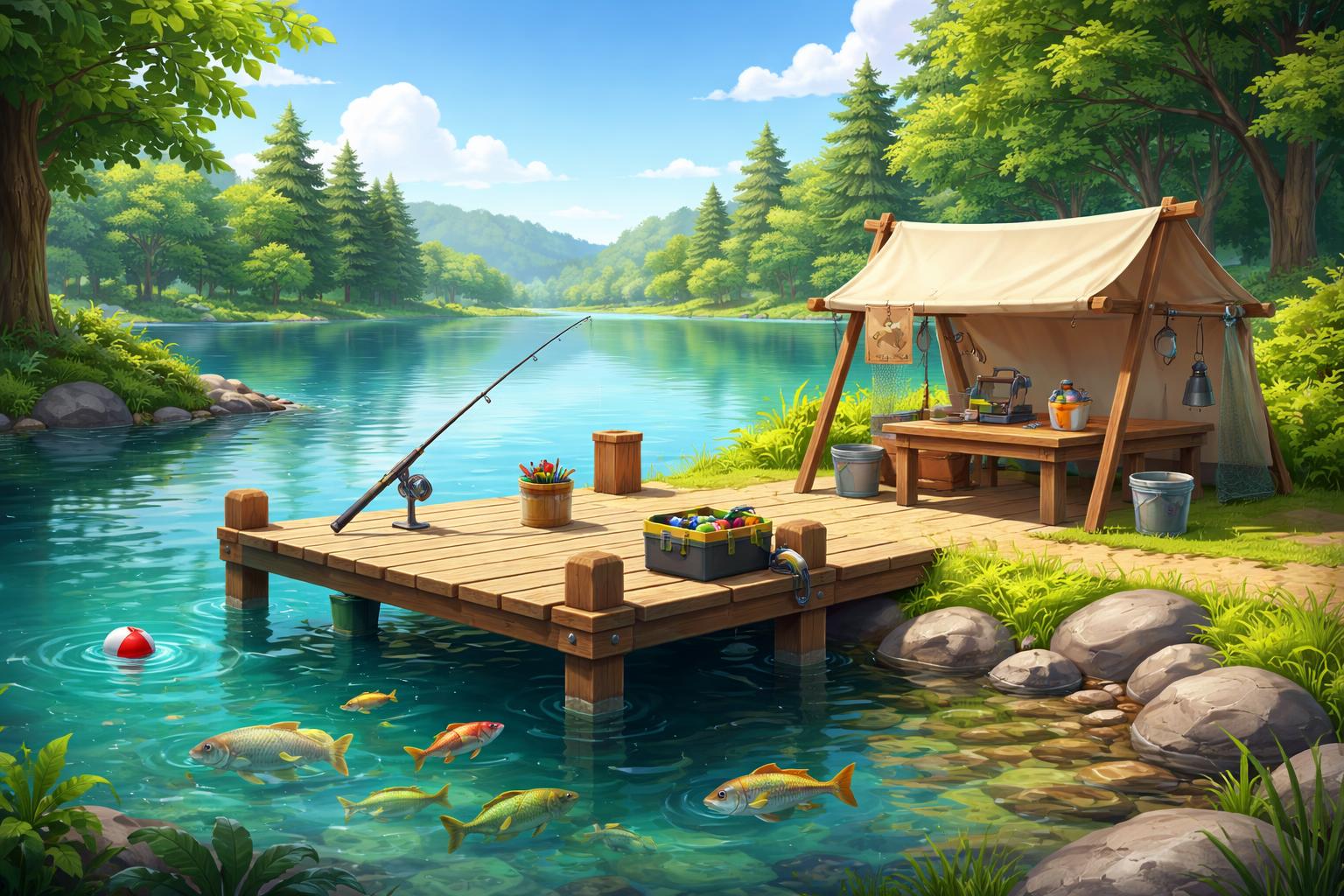 Pemandangan danau yang tenang dengan dermaga memancing dan tenda informasi kecil di tepi air, dikelilingi oleh pepohonan hijau dan perbukitan.