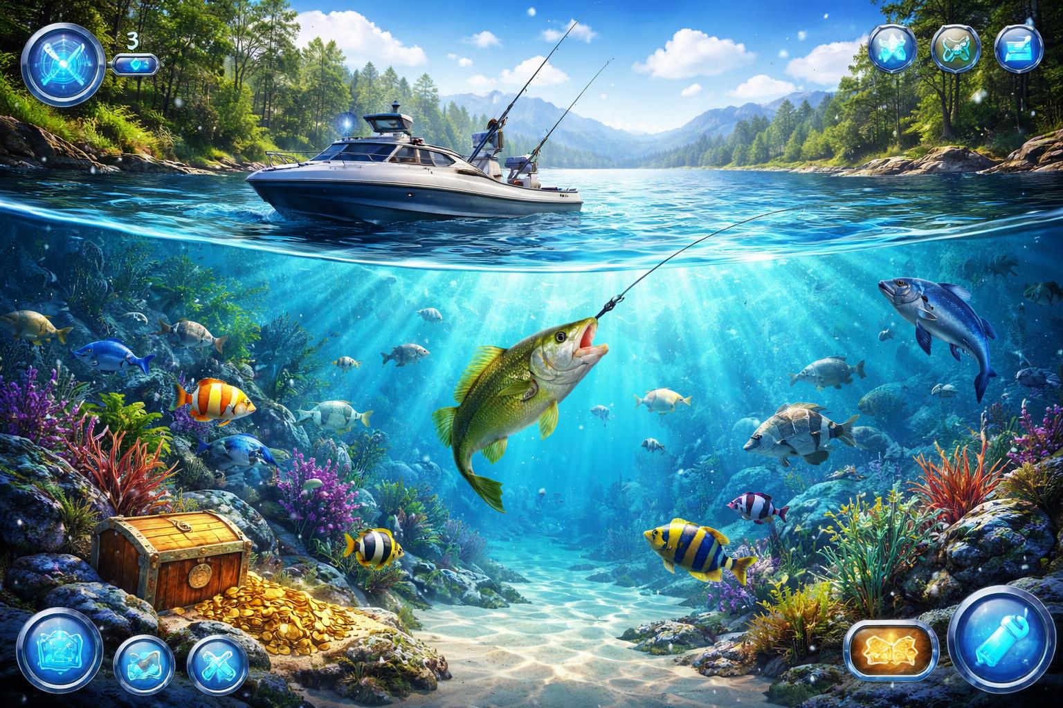 Pemandangan bawah air dengan ikan berwarna-warni di sekitar terumbu karang dan perahu memancing di atas danau yang tenang dengan latar belakang pegunungan dan pohon hijau.