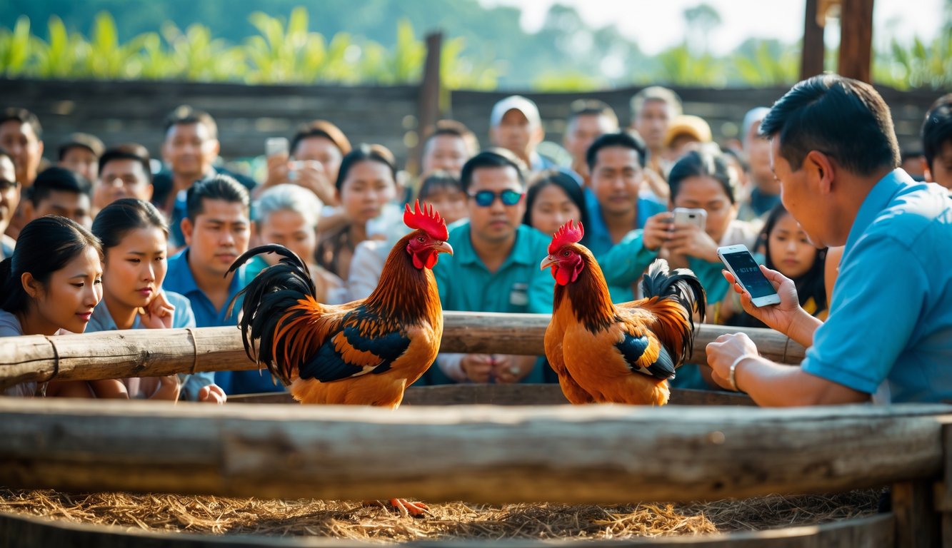 Kerumunan orang menonton pertandingan sabung ayam di arena terbuka dengan suasana penuh antusiasme dan keamanan terjaga.
