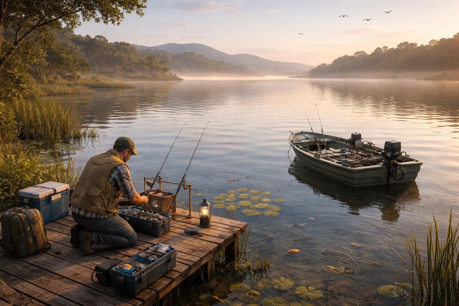 Pemandangan pemancing pemula di dermaga kayu di waduk yang tenang dengan perahu kecil dan tumbuhan hijau di sekitar, latar belakang bukit dan langit cerah saat matahari terbit.