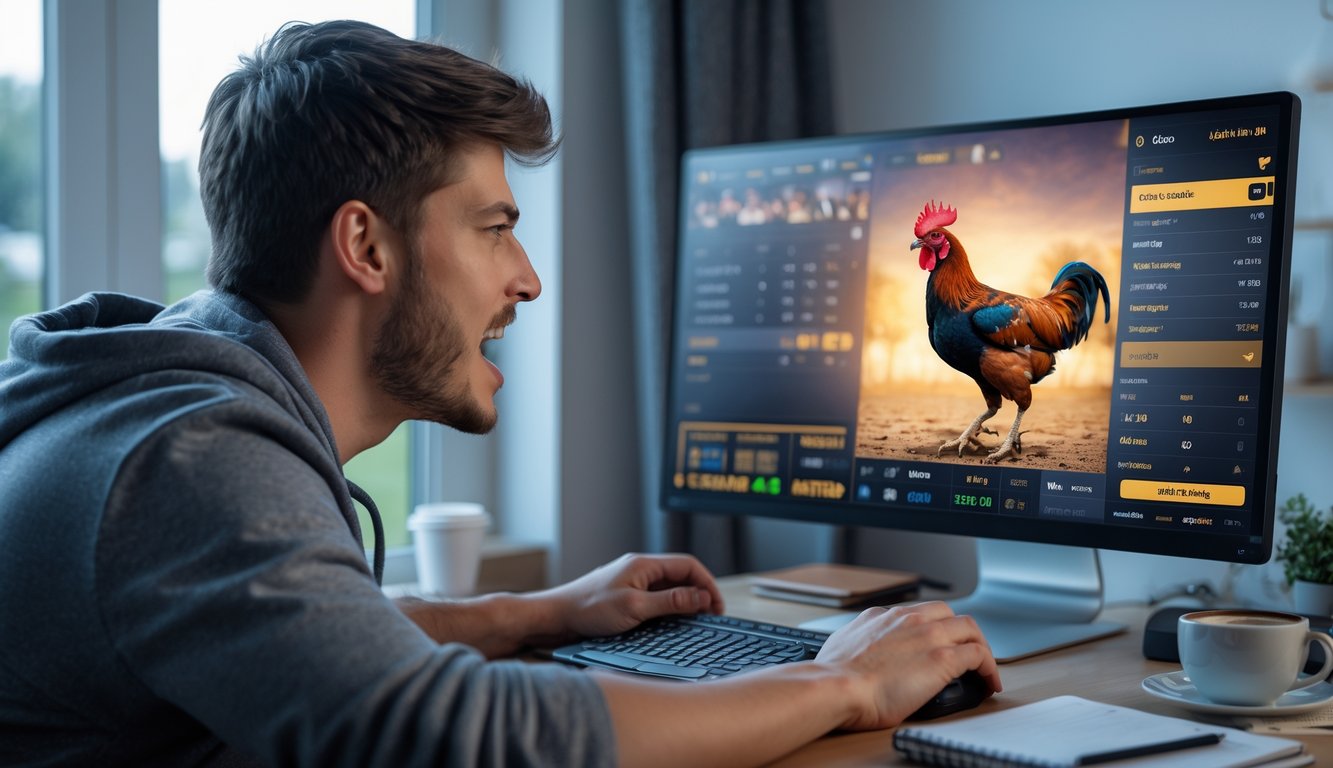 Seorang pria muda duduk di depan komputer menonton pertandingan sabung ayam secara online di ruang tamu yang terang.