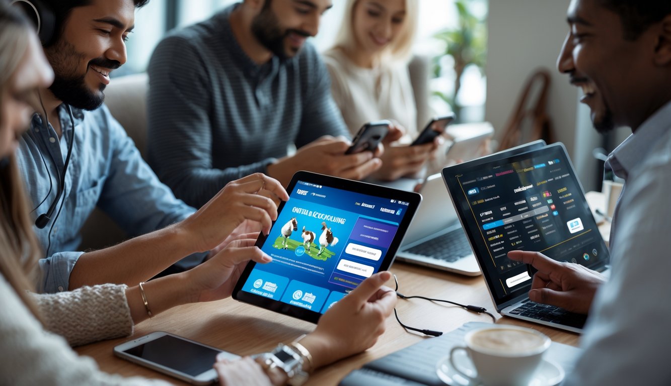 Beberapa orang menggunakan perangkat digital seperti ponsel dan laptop di ruangan modern yang nyaman, berinteraksi dengan platform judi sabung ayam online.