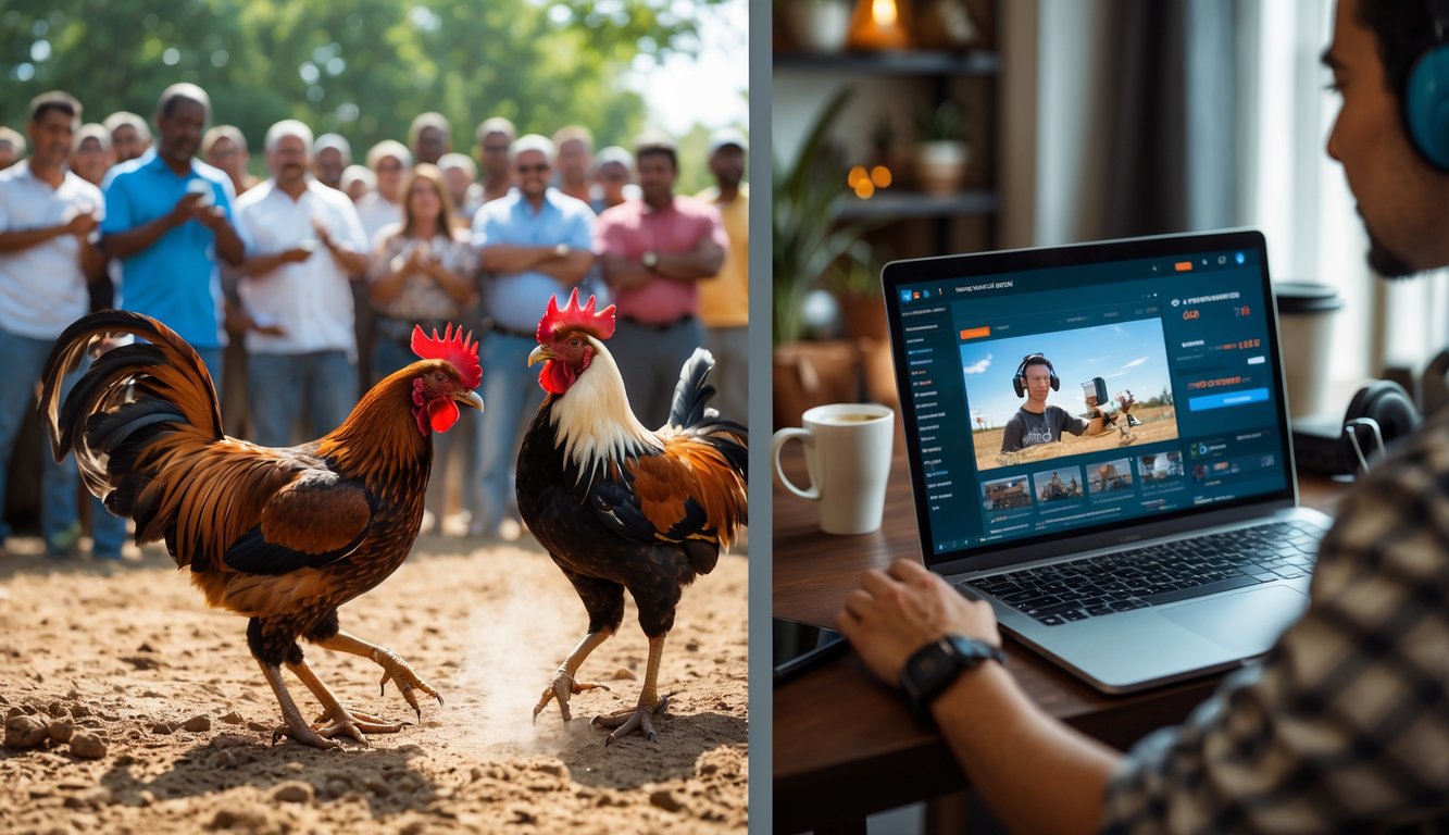 Sebuah adegan yang memperlihatkan pertarungan ayam jago tradisional di luar ruangan dengan penonton dan seseorang yang menonton pertarungan ayam secara online menggunakan laptop di dalam ruangan.
