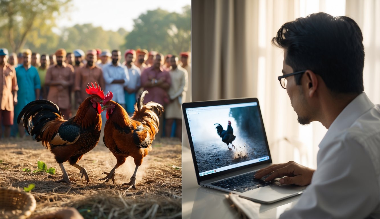 Dua adegan berdampingan: satu pertarungan sabung ayam tradisional di luar ruangan dengan penonton, dan satu orang menggunakan laptop untuk menonton sabung ayam secara online di dalam ruangan.