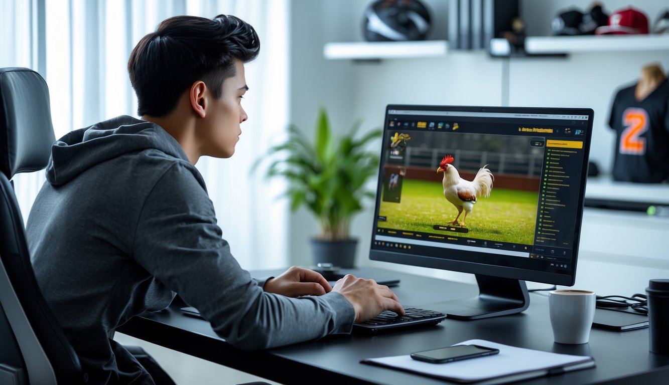 Seorang pria muda fokus menonton pertandingan sabung ayam secara online di laptop di ruang kerja rumah.