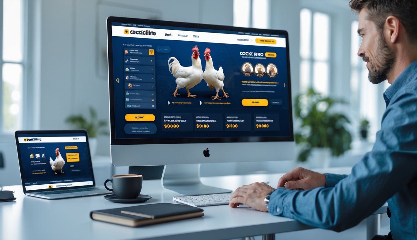 Seorang pengguna sedang berinteraksi dengan layar komputer yang menampilkan platform online untuk sabung ayam dengan fitur lengkap dan hadiah besar.