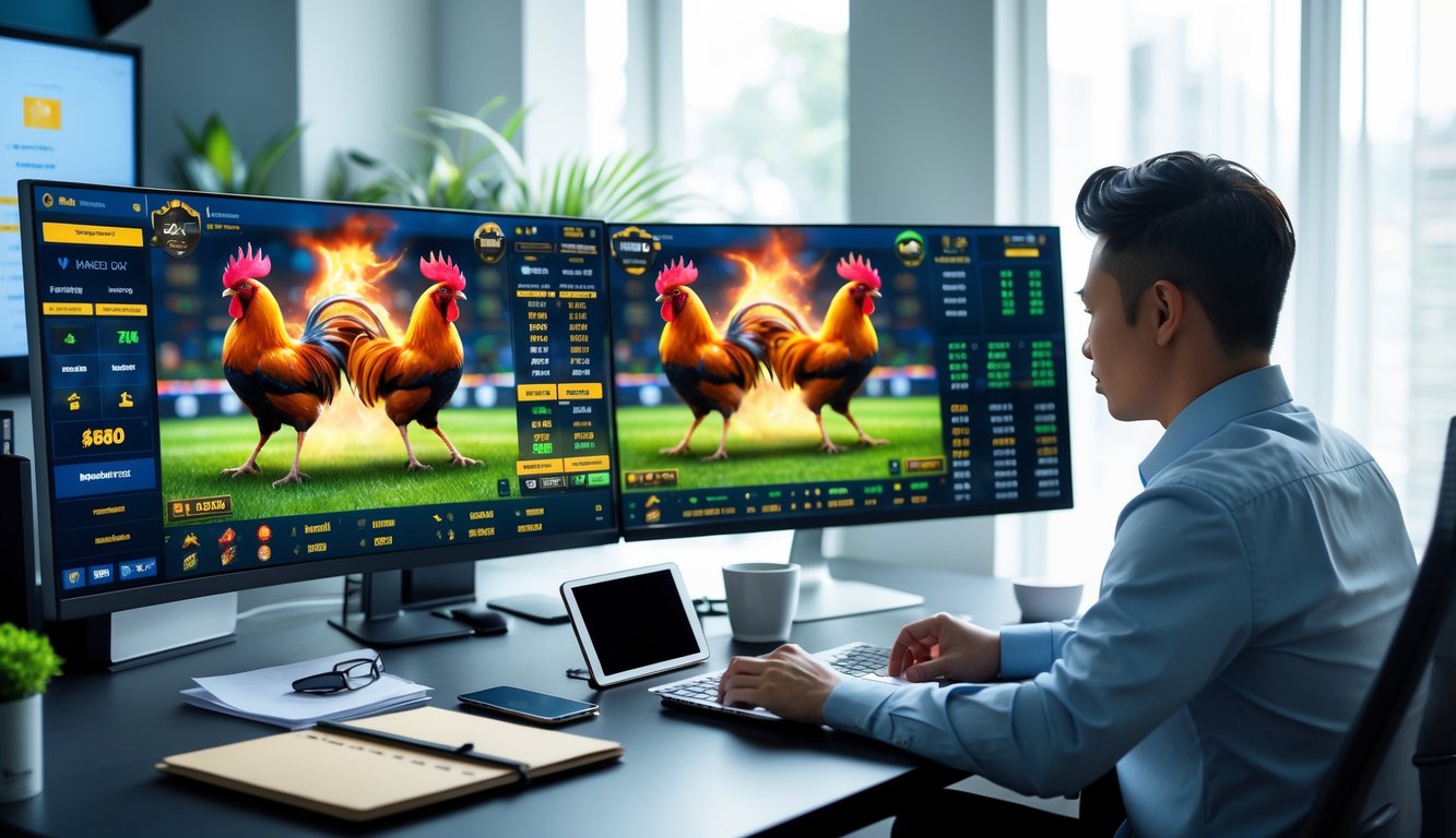 Seorang profesional sedang bekerja di depan beberapa layar komputer yang menampilkan grafik pertarungan ayam virtual dengan suasana fokus dan modern.