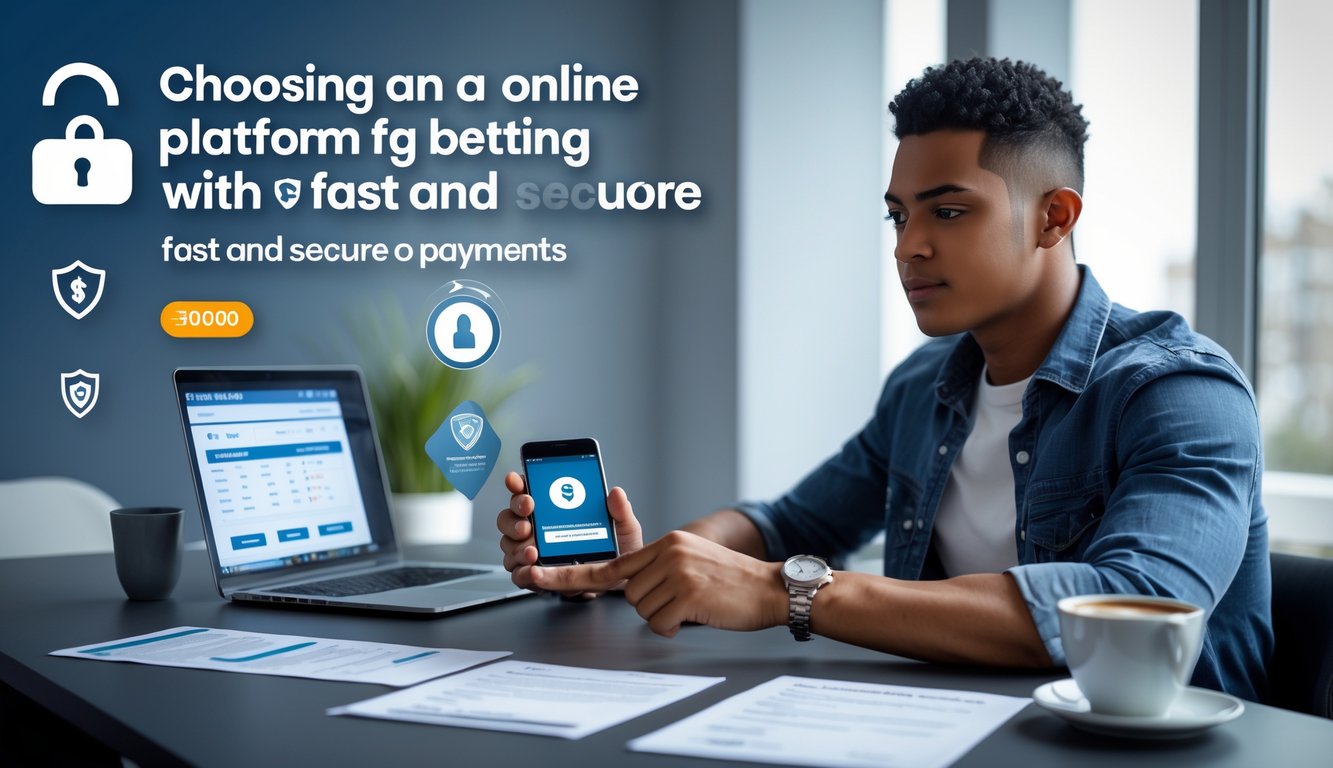 Seseorang duduk di meja kerja menggunakan laptop dengan layar ponsel yang menampilkan konfirmasi pembayaran aman, di sekitar terdapat dokumen keuangan dan suasana yang menunjukkan transaksi online yang cepat dan aman.