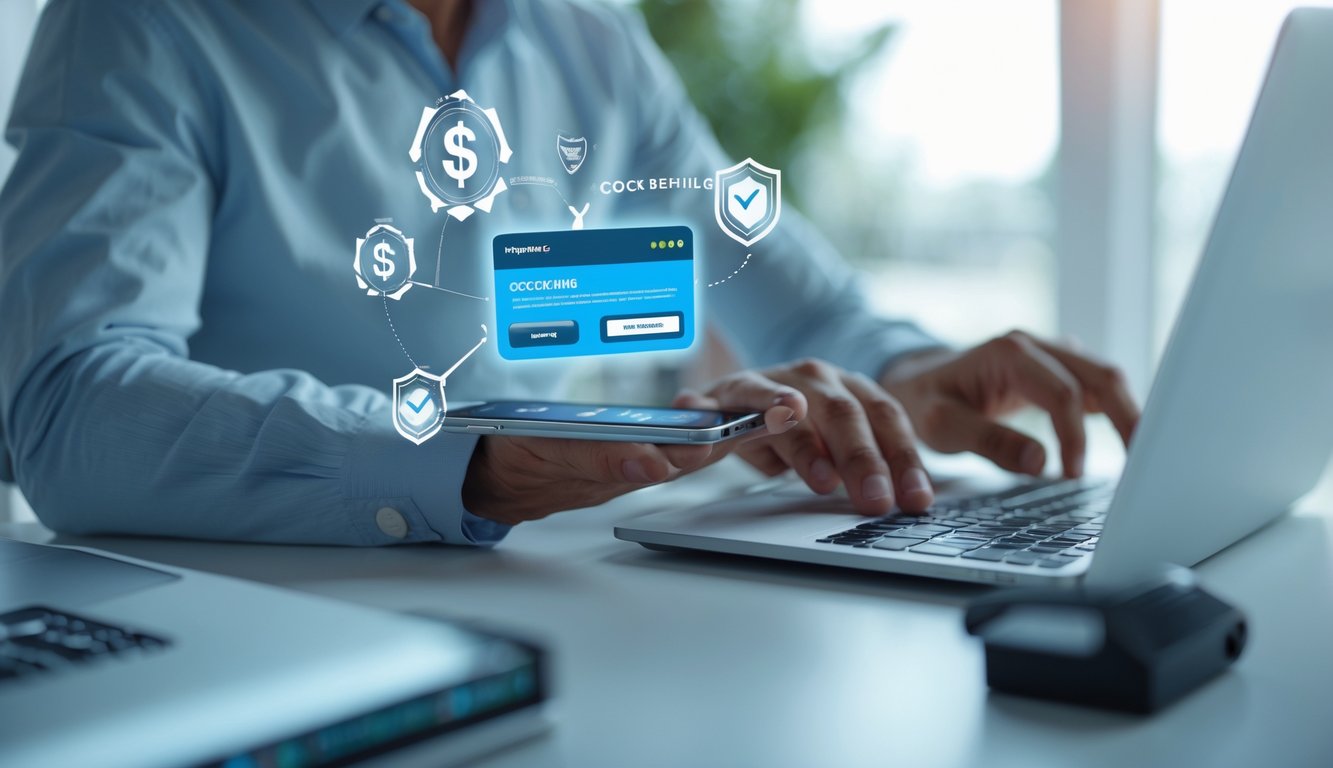Seseorang menggunakan laptop atau ponsel dengan tampilan pembayaran aman di layar, di latar belakang terdapat ikon digital yang melambangkan keamanan dan kecepatan transaksi.