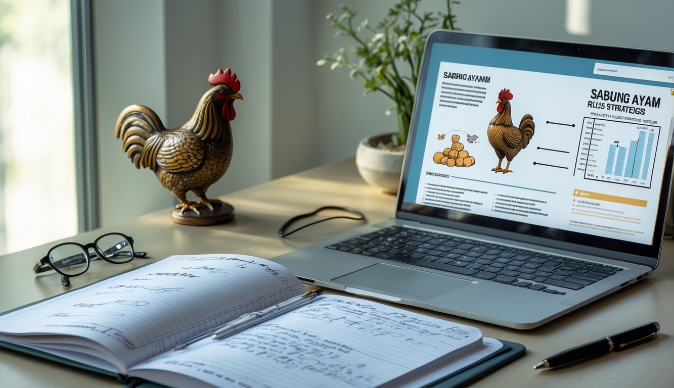 Meja belajar dengan buku catatan, laptop menampilkan grafik, dan patung ayam jago tradisional di latar belakang.