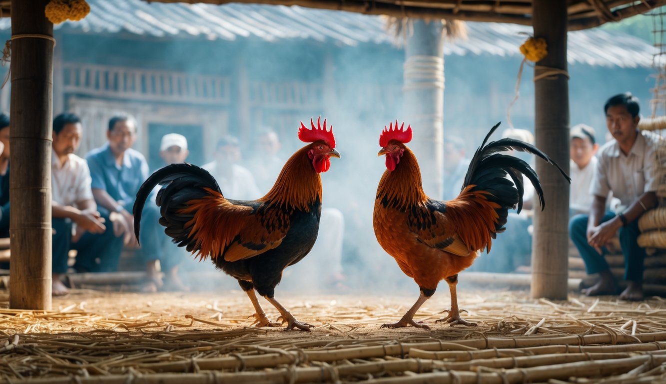 Dua ayam jantan di arena sabung ayam tradisional dengan penonton yang memperhatikan dengan tenang.