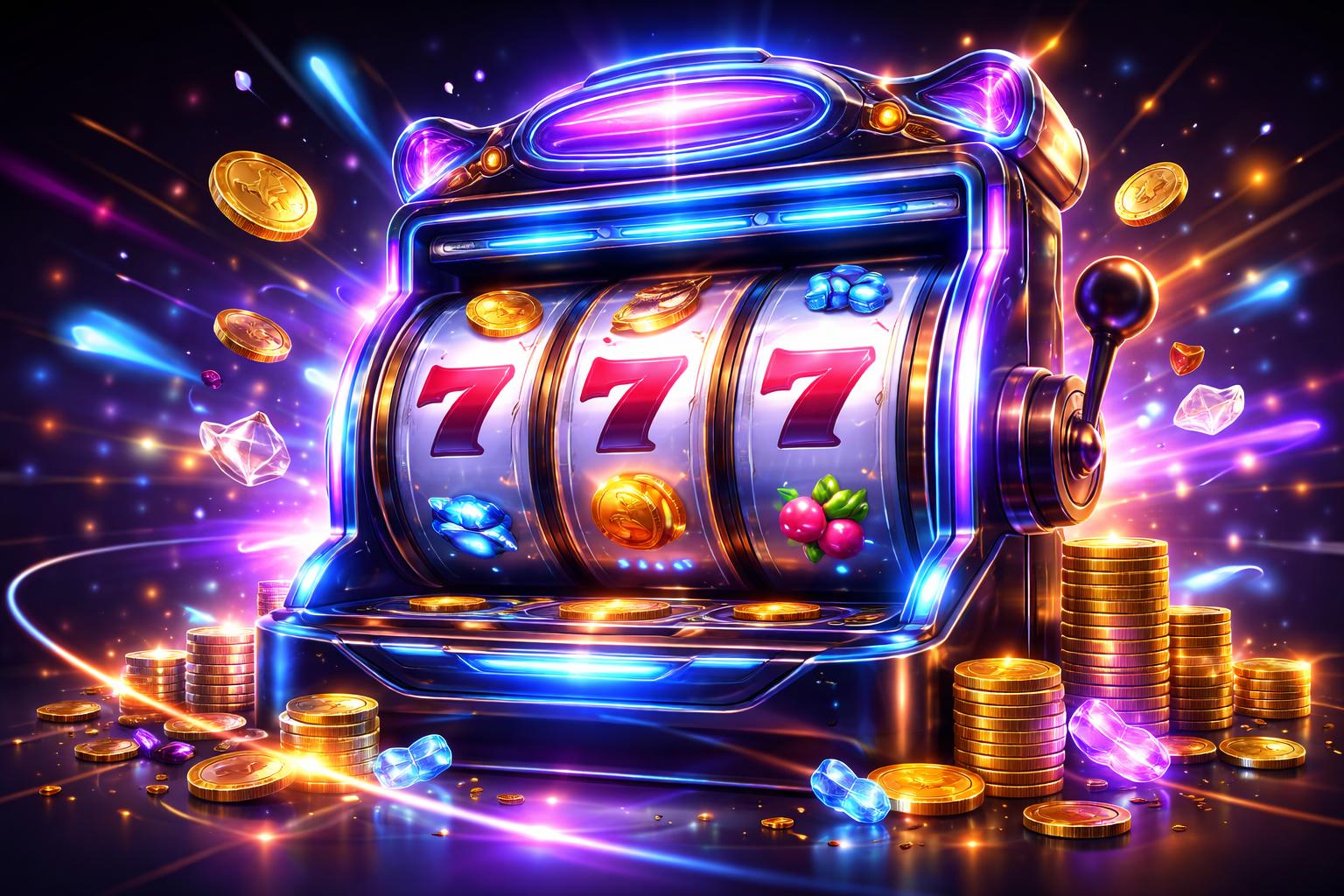 Mesin slot modern dengan lampu neon berwarna biru, ungu, dan emas di latar belakang kasino gelap yang berkilauan, menampilkan gulungan berputar dengan ikon keberuntungan seperti angka tujuh, koin emas, dan permata berkilau.