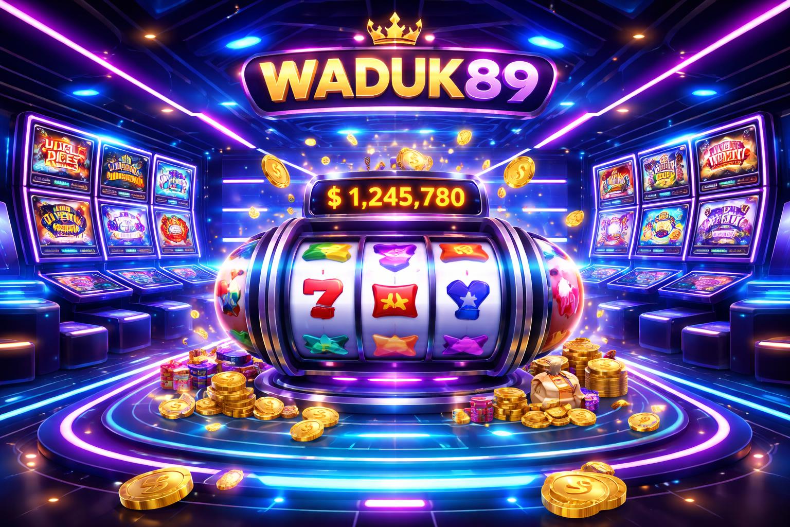 Tampilan 3D dari platform permainan slot online dengan mesin slot berwarna-warni yang sedang berputar dan latar belakang lounge kasino modern.