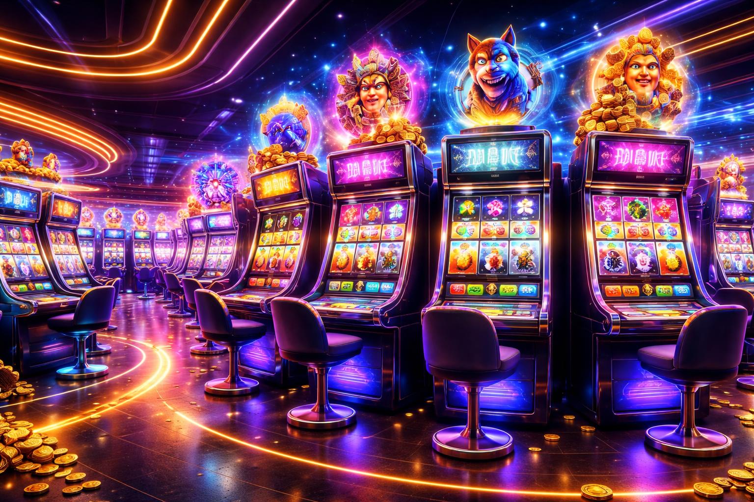 Area mesin slot futuristik dengan mesin slot berwarna-warni dan lampu LED yang menyala, menampilkan simbol-simbol permainan slot yang berputar di dalam kasino modern.