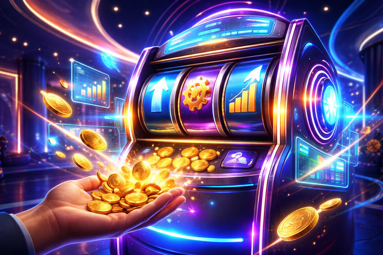 Mesin slot futuristik dengan lampu neon berwarna cerah di kasino modern, menampilkan simbol kemajuan dan hadiah yang mengalir ke tangan pemain.