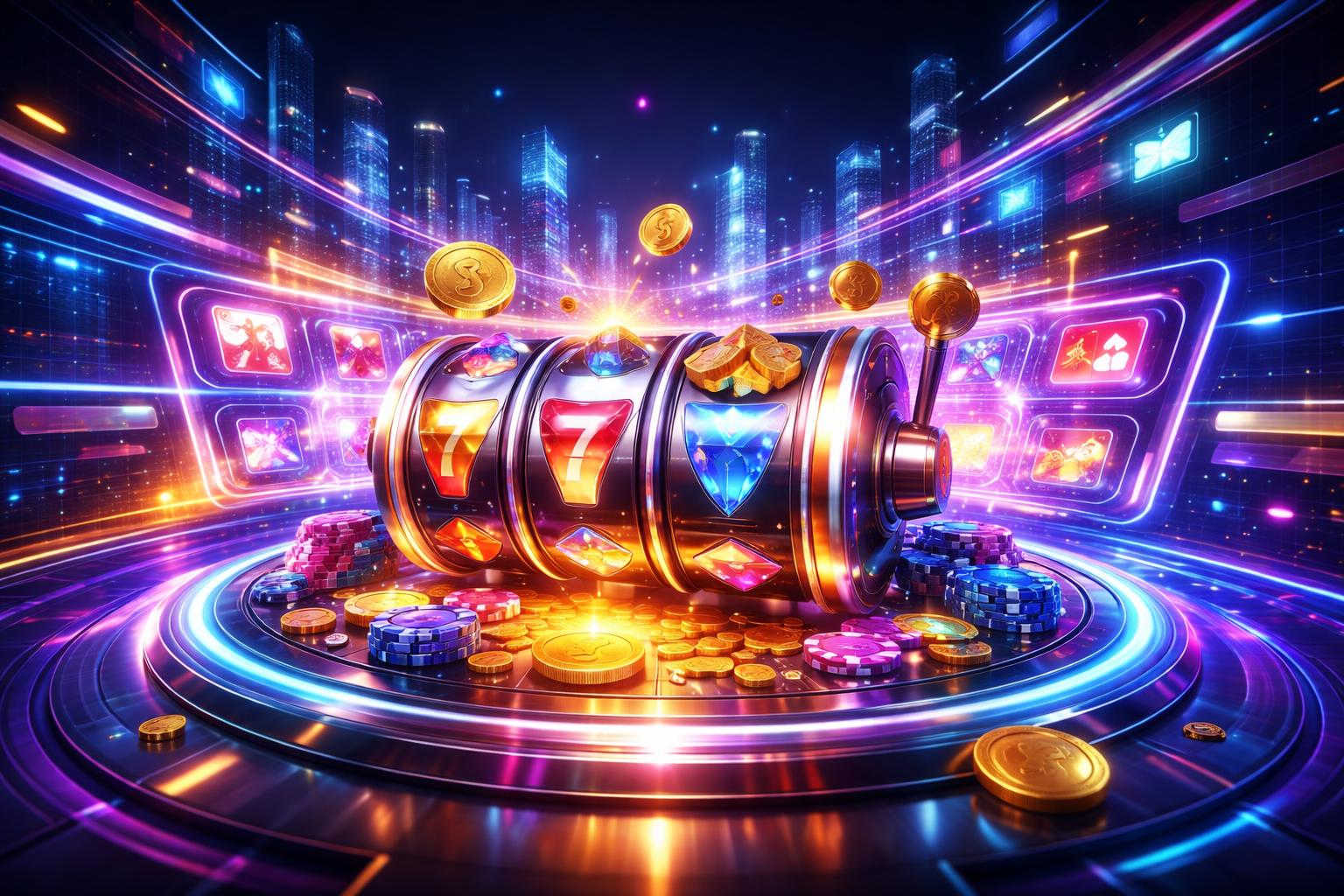 Suasana platform hiburan digital dengan mesin slot berwarna-warni yang berputar di tengah lingkungan futuristik dan elemen holografik yang bercahaya.
