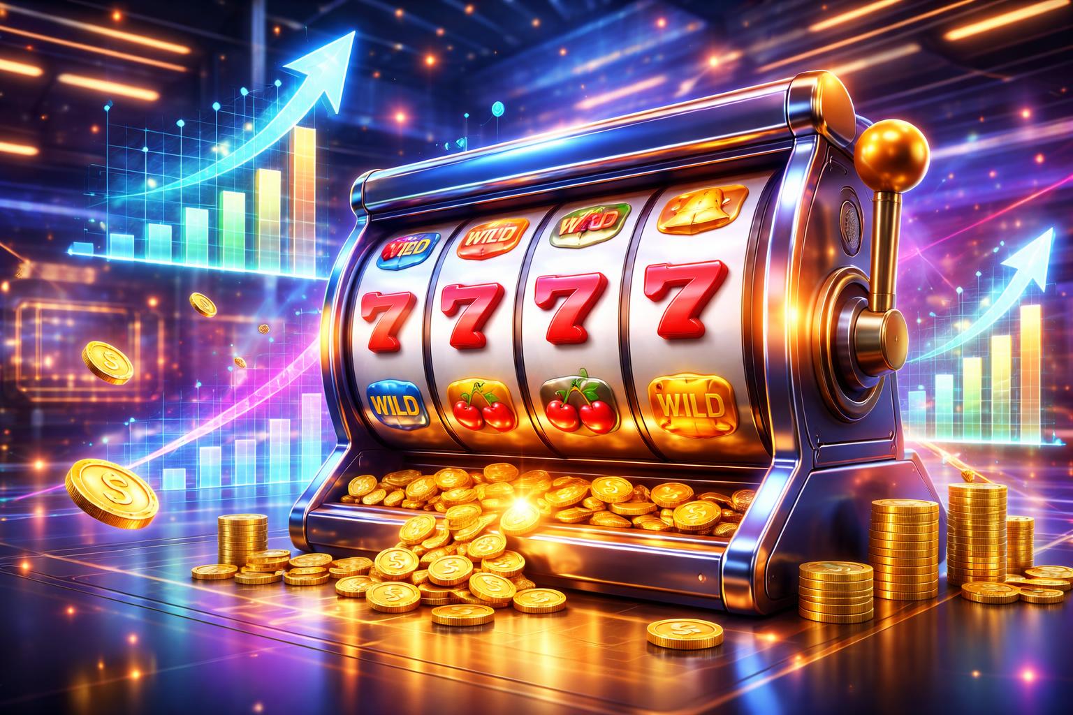 Gambaran mesin slot online dengan simbol klasik, grafik naik, dan koin berkilau di lingkungan kasino digital yang modern dan cerah.