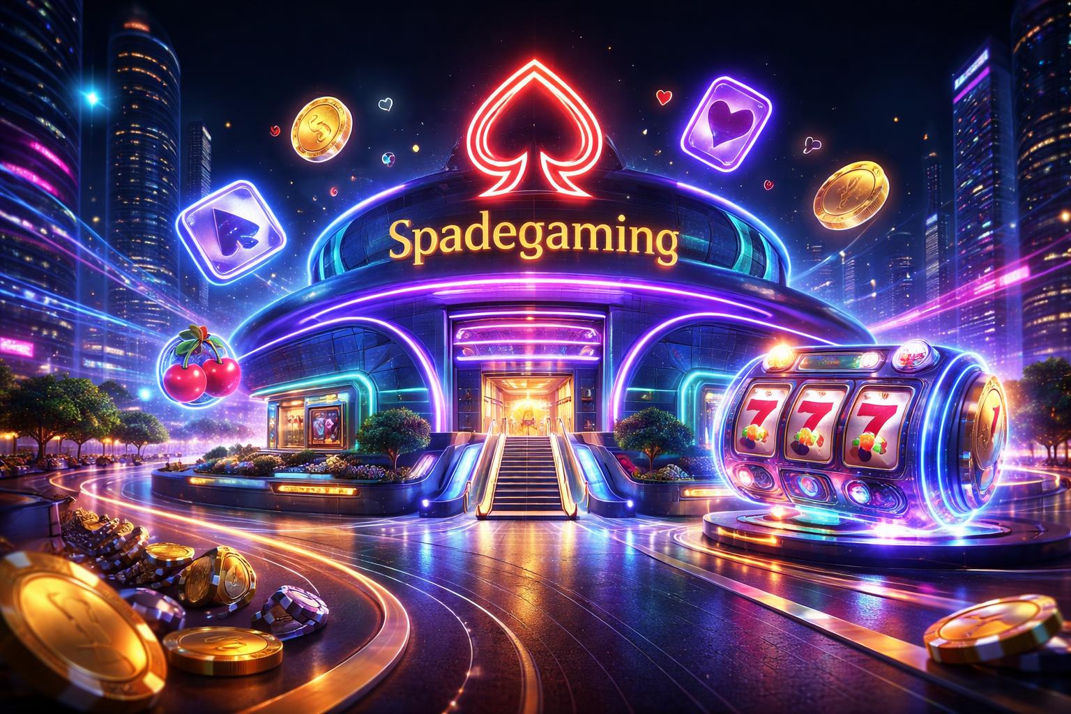 Pusat permainan daring yang futuristik dengan bangunan modern bercahaya dan ikon permainan mengambang di sekitarnya.