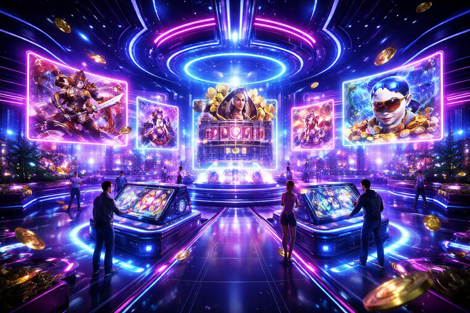 Pemandangan pusat hiburan digital futuristik dengan arena permainan berteknologi tinggi dan elemen permainan online yang hidup dan berwarna-warni.