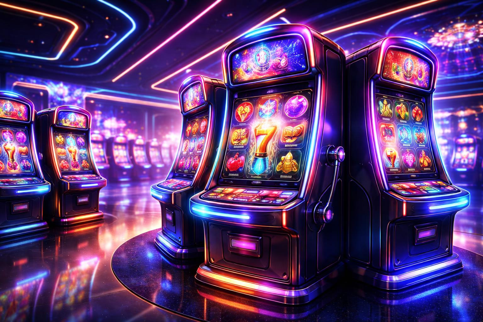 Pemandangan interior kasino modern dengan mesin slot berwarna-warni dan pencahayaan neon yang cerah.
