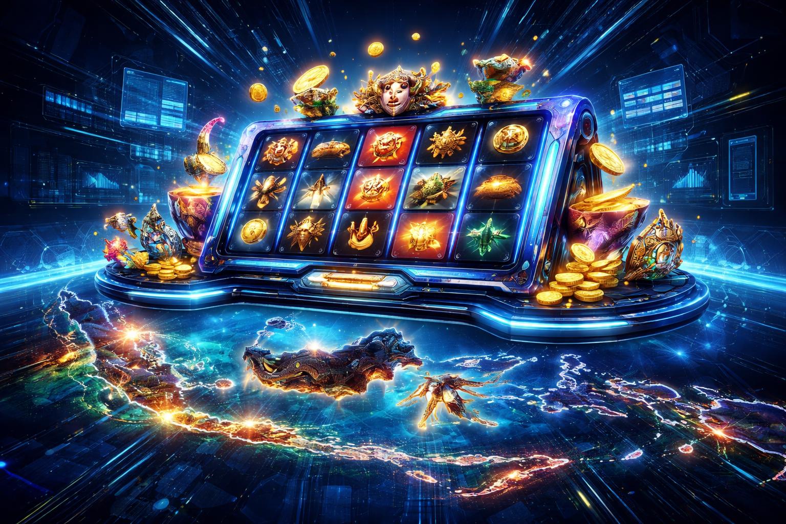 Suasana futuristik kasino online dengan peta Indonesia bercahaya dan elemen mesin slot yang mengelilingi antarmuka digital di tengah latar belakang biru gelap.