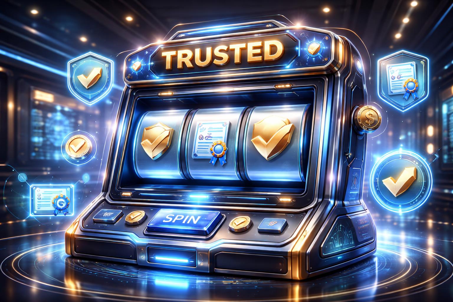 Mesin slot digital futuristik dengan ikon keamanan mengambang di sekitarnya di dalam lingkungan kasino modern.