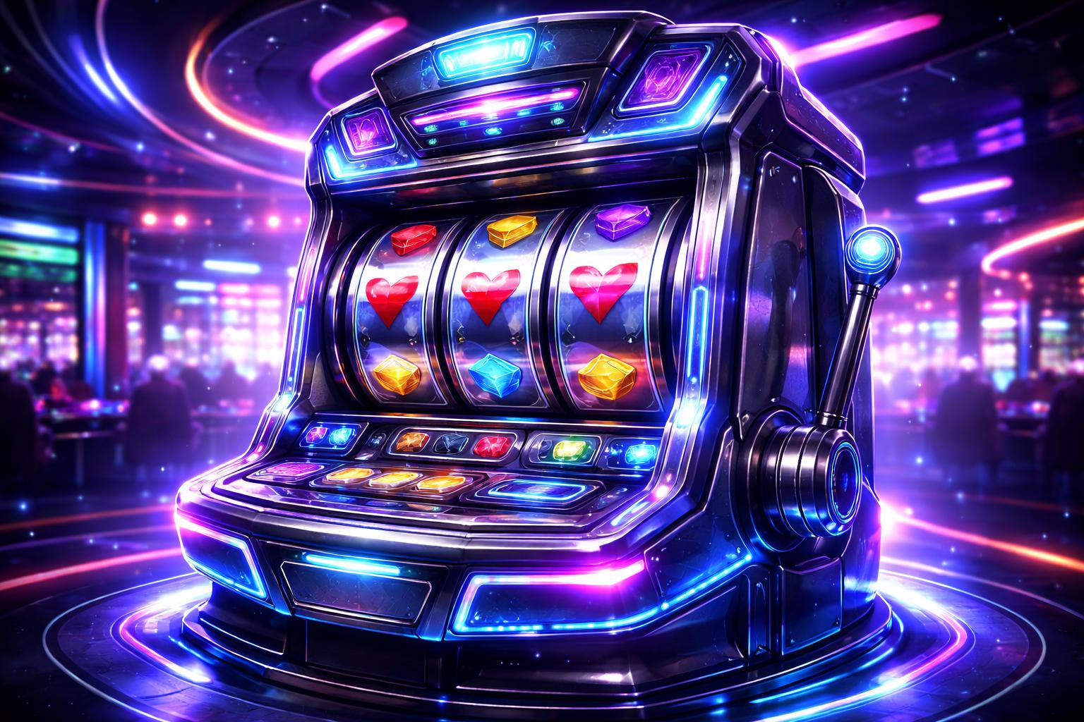 Mesin slot modern dengan lampu neon dan efek cahaya di dalam kasino futuristik.