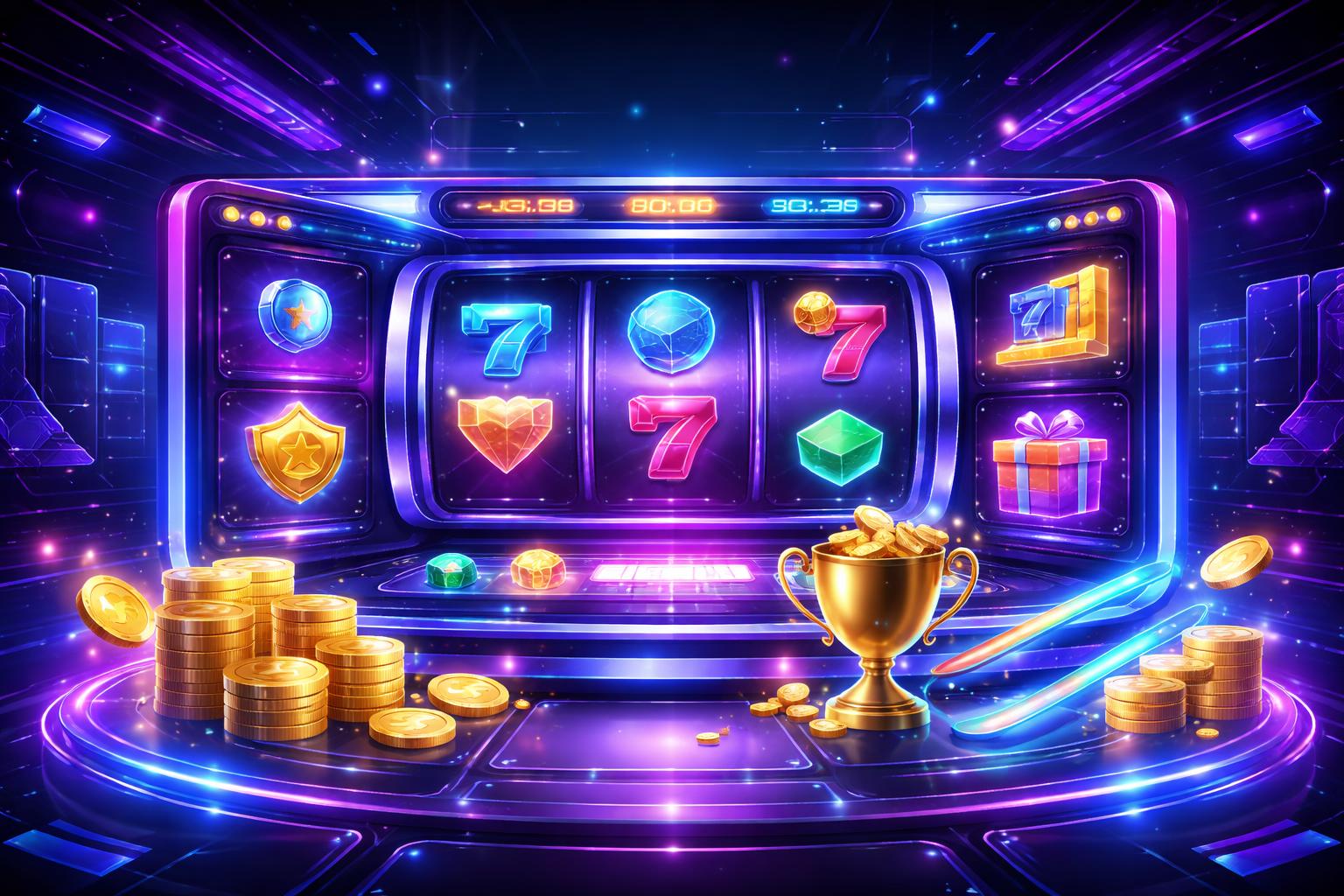 Tampilan antarmuka platform permainan daring dengan mesin slot berwarna-warni dan elemen holografik yang menunjukkan keuntungan bagi pemain setia.