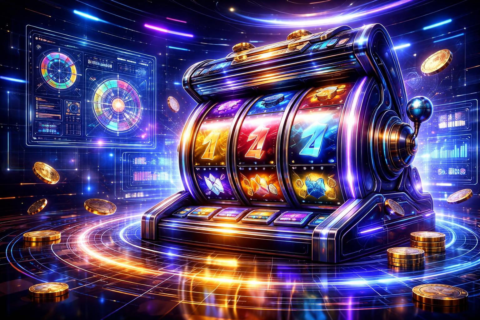 Sebuah mesin slot modern dengan gulungan berwarna cerah yang berputar di dalam ruangan permainan berteknologi tinggi dengan pencahayaan neon dan elemen holografik di sekitarnya.