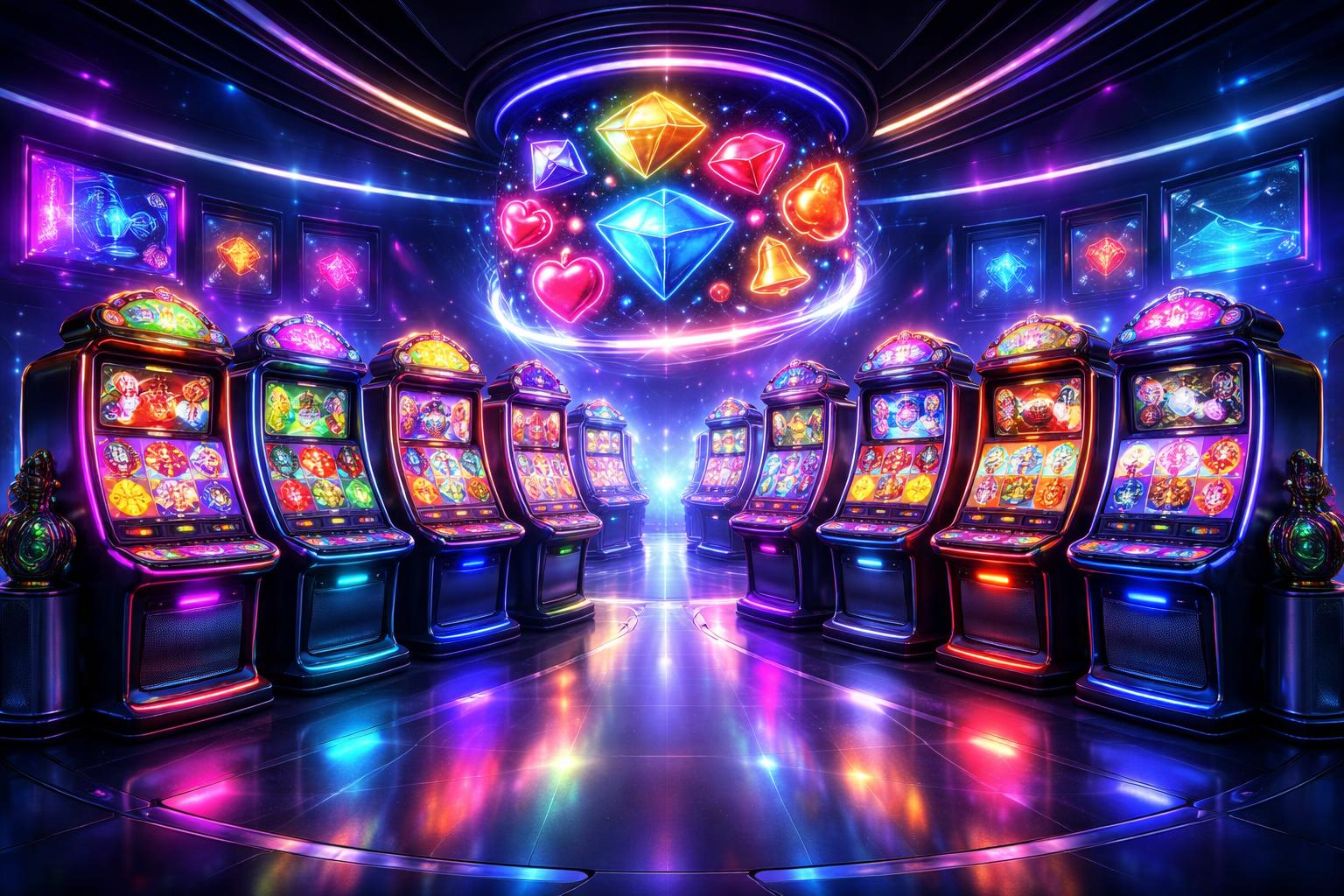Pemandangan lantai kasino futuristik dengan berbagai mesin slot berwarna-warni yang menampilkan simbol-simbol permainan populer tahun 2026.