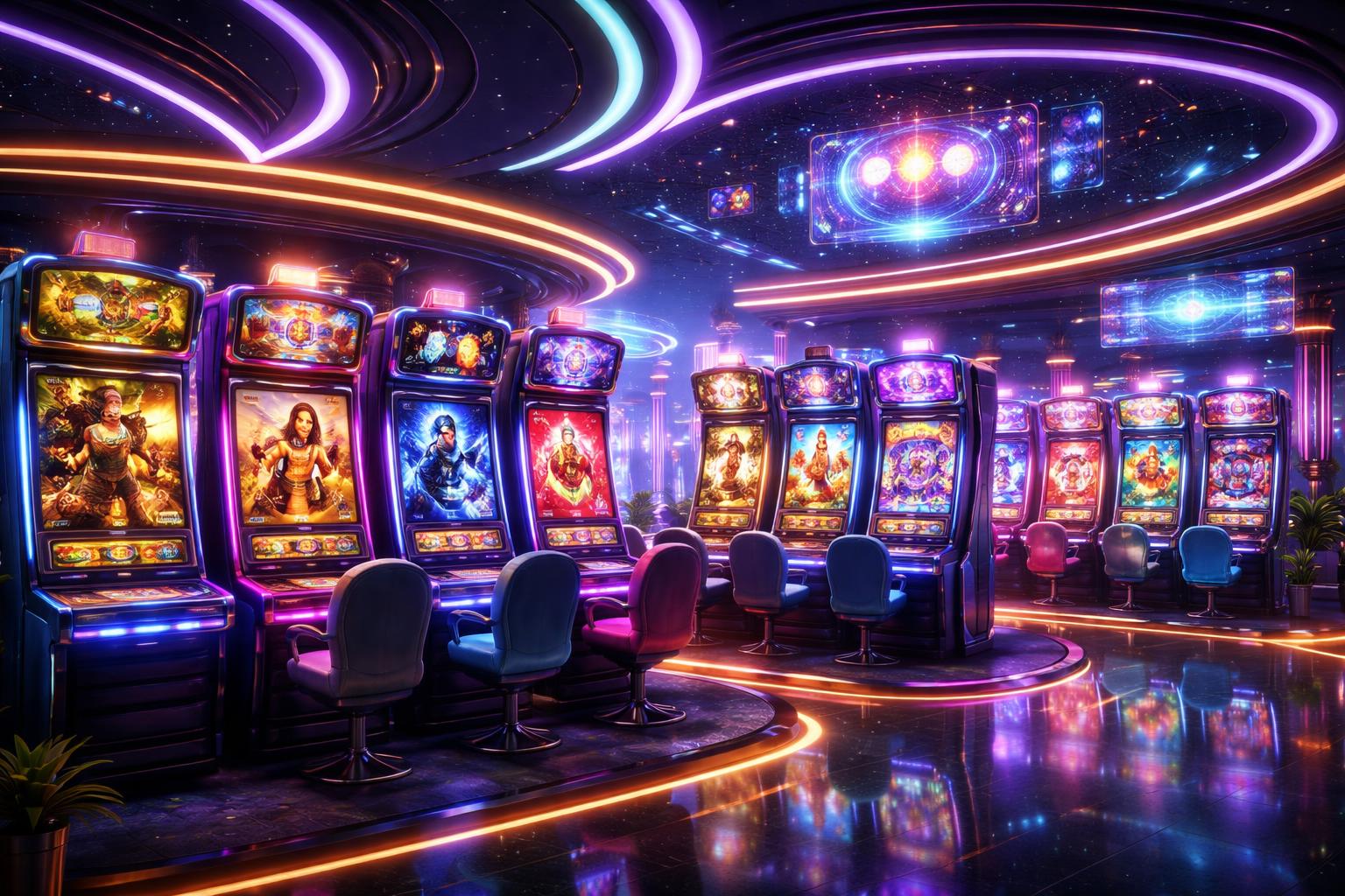 Suasana ruang kasino futuristik dengan berbagai mesin slot berwarna-warni dan lampu neon yang hidup, menampilkan kategori permainan slot populer di tahun 2026.
