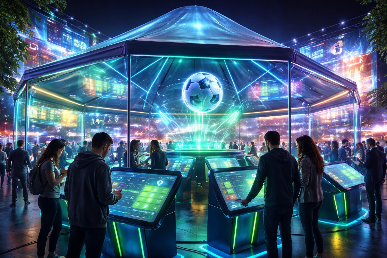 Sebuah tenda informasi futuristik dengan layar holografik yang menampilkan data dan grafik sepak bola, dikelilingi oleh orang-orang yang menggunakan layar sentuh interaktif.
