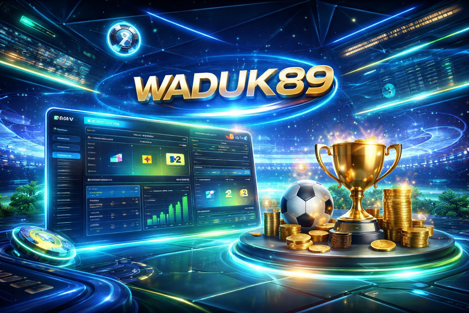Tampilan platform digital futuristik dengan layar holografik yang menampilkan statistik sepak bola, peluang taruhan, dan elemen digital seperti koin dan trofi dalam suasana modern dan berteknologi tinggi.