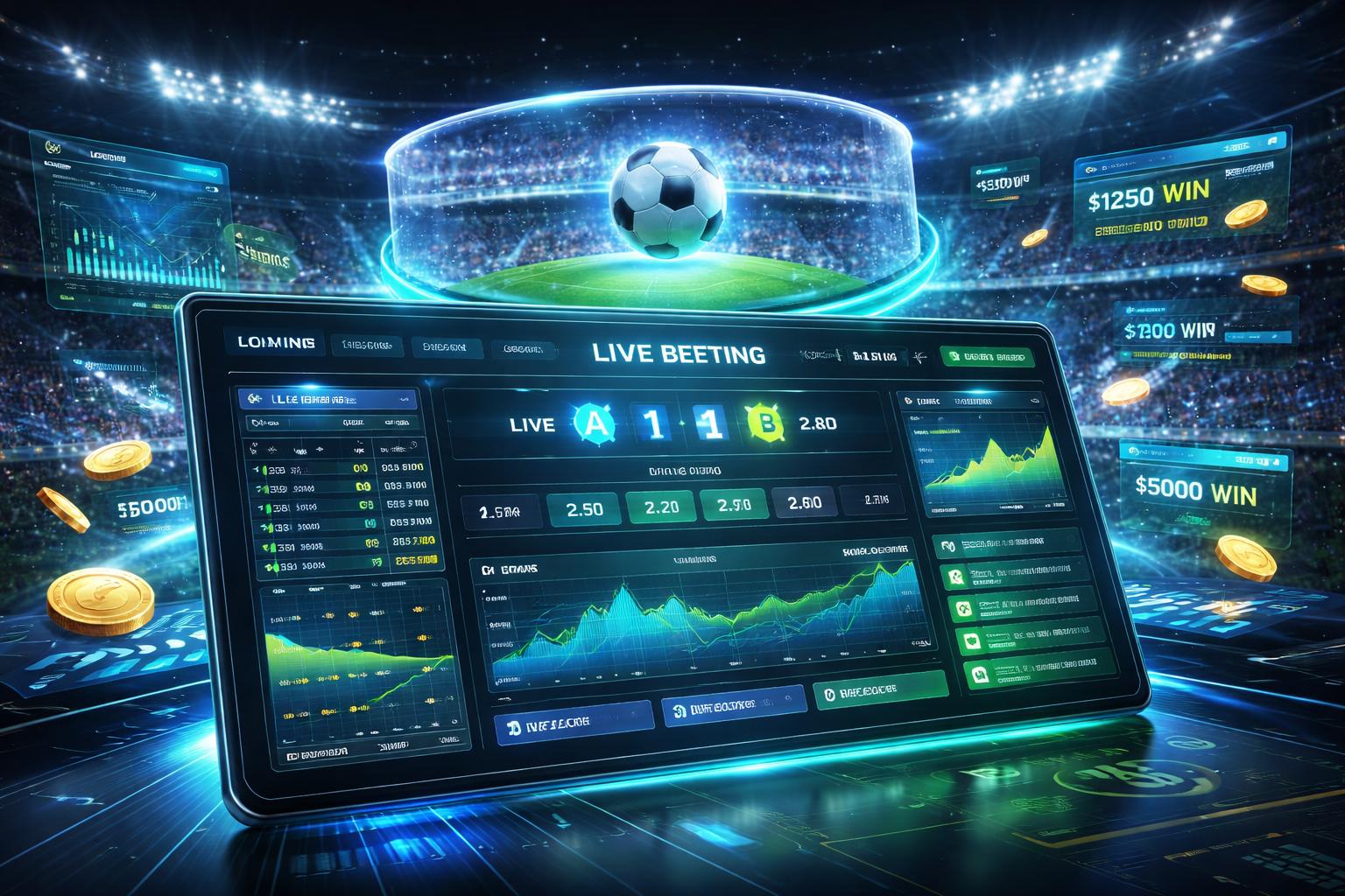 Antarmuka digital modern dengan stadion sepak bola holografik dan grafik prediksi taruhan judi bola online.