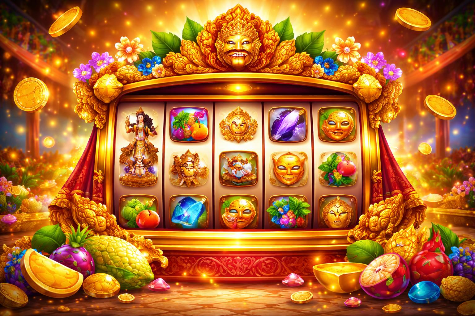 Tampilan mesin slot berwarna-warni dengan dekorasi tradisional Indonesia dan koin yang berkilauan di latar belakang kasino yang meriah.