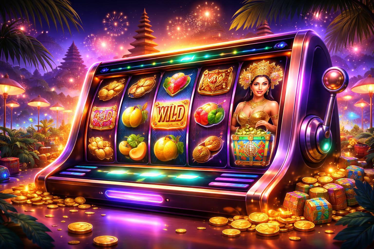 Adegan mesin slot online dengan simbol warna-warni dan latar belakang suasana kasino yang hidup serta elemen budaya Indonesia.