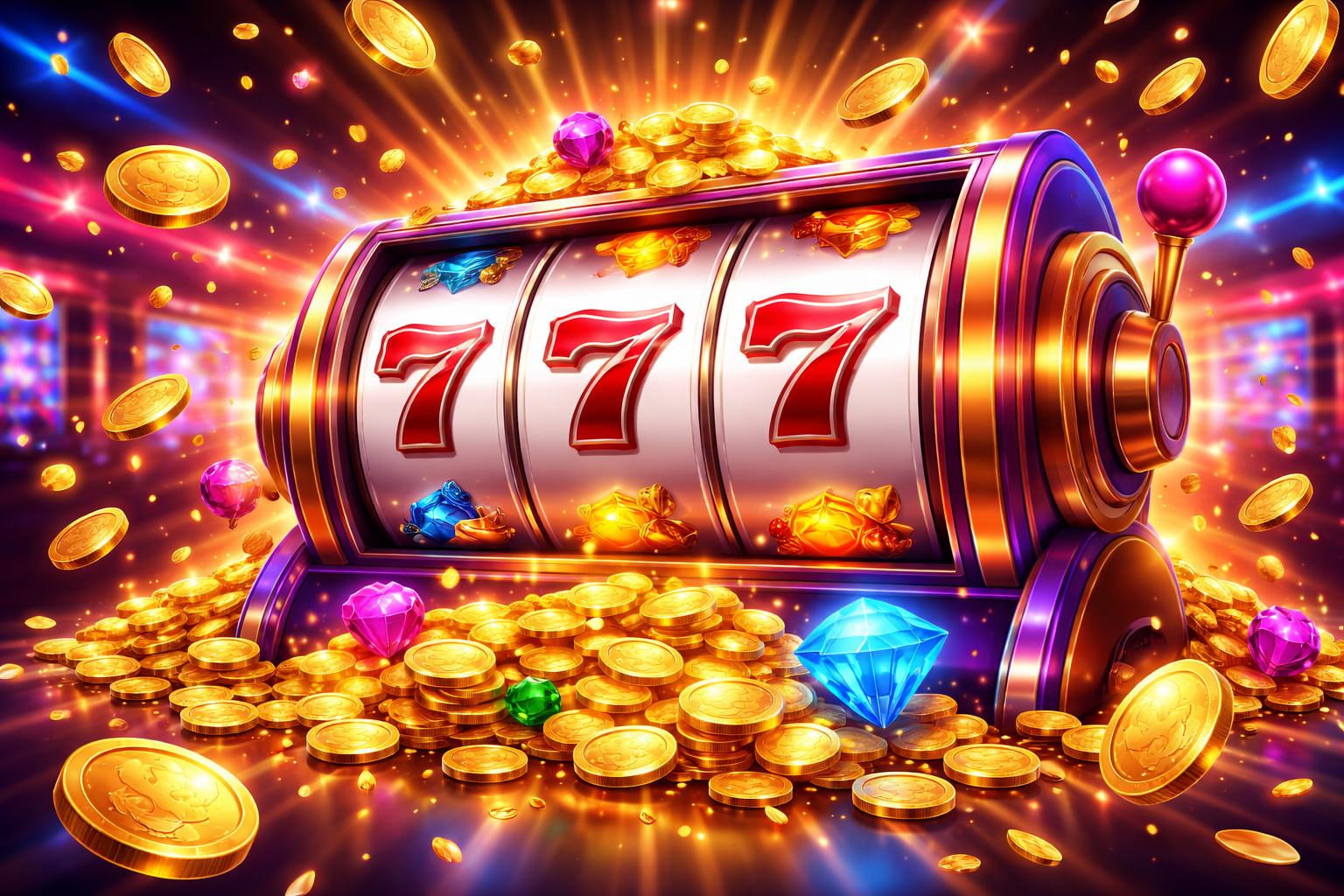 Mesin slot modern dengan gulungan berputar menampilkan simbol keberuntungan di lingkungan kasino yang penuh warna dan cahaya.