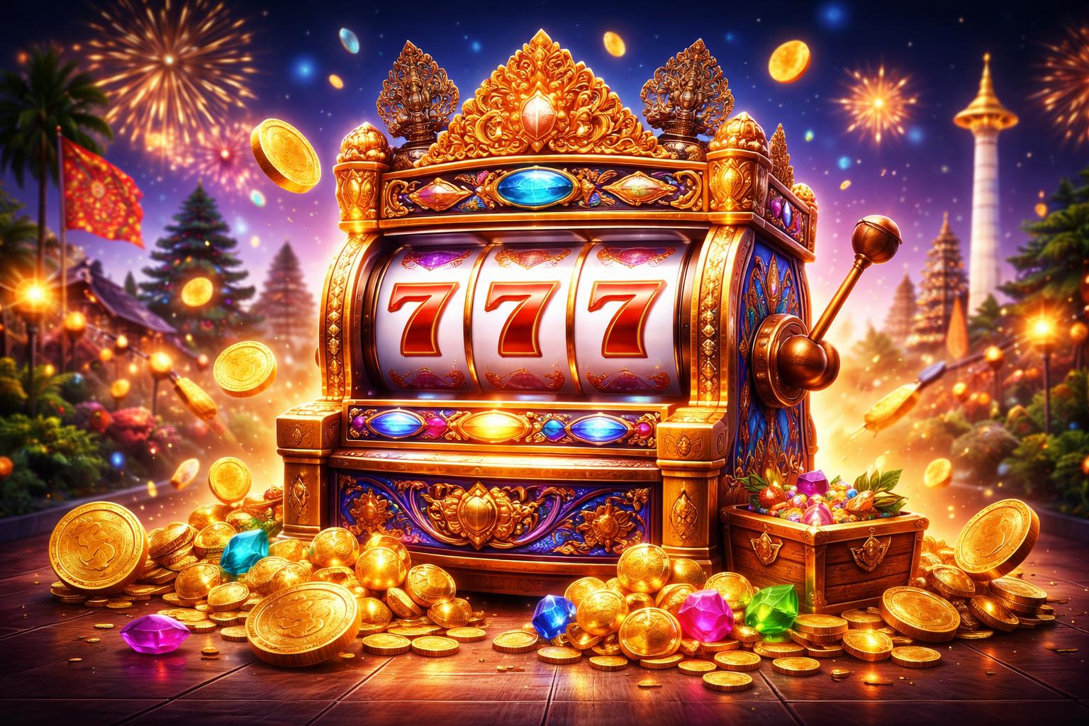 Adegan mesin slot berwarna cerah dengan motif tradisional Indonesia dan koin berkilauan di sekitarnya, menggambarkan popularitas permainan slot di Indonesia.