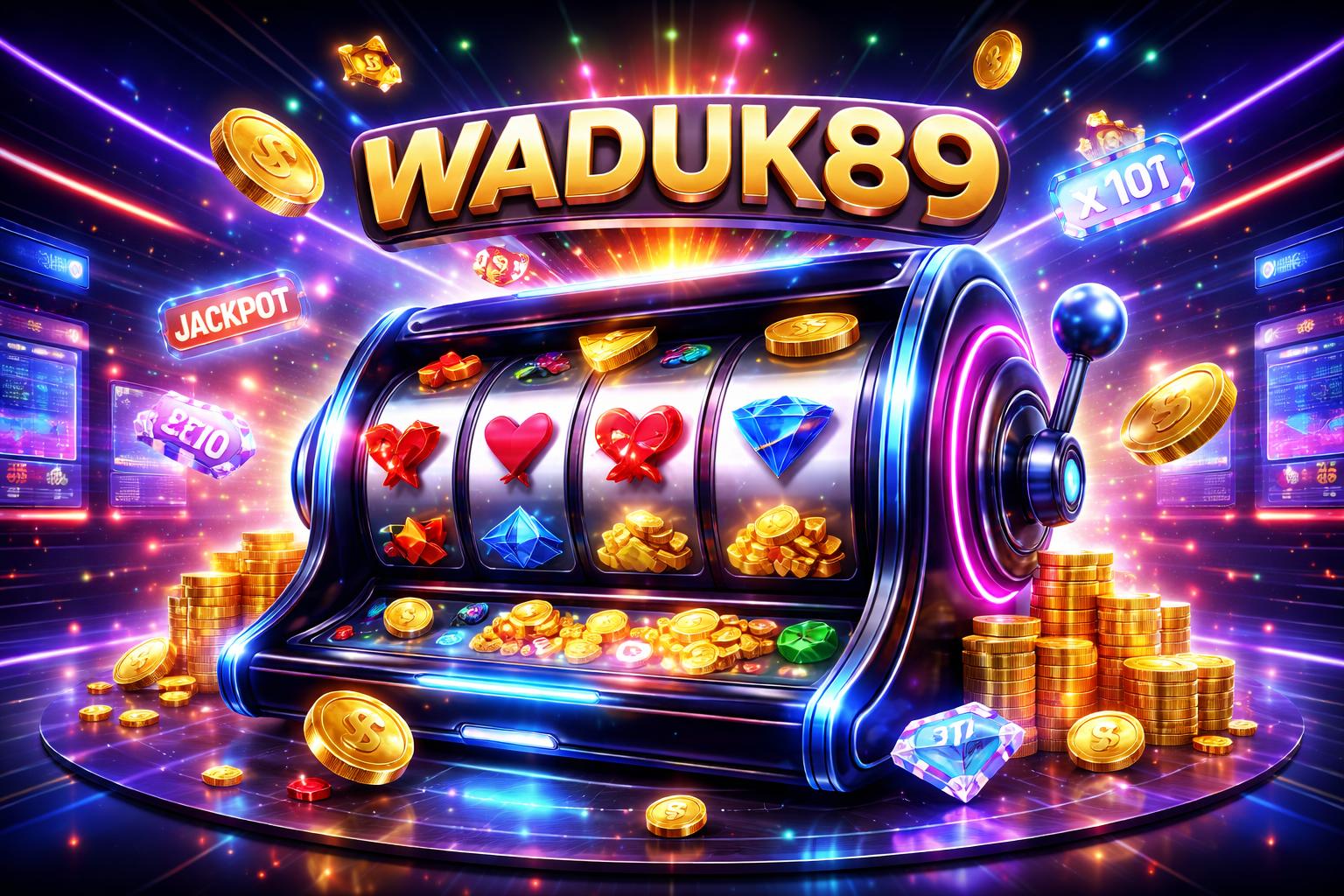 Tampilan mesin slot digital dengan simbol keberuntungan dan efek cahaya di latar kasino modern.