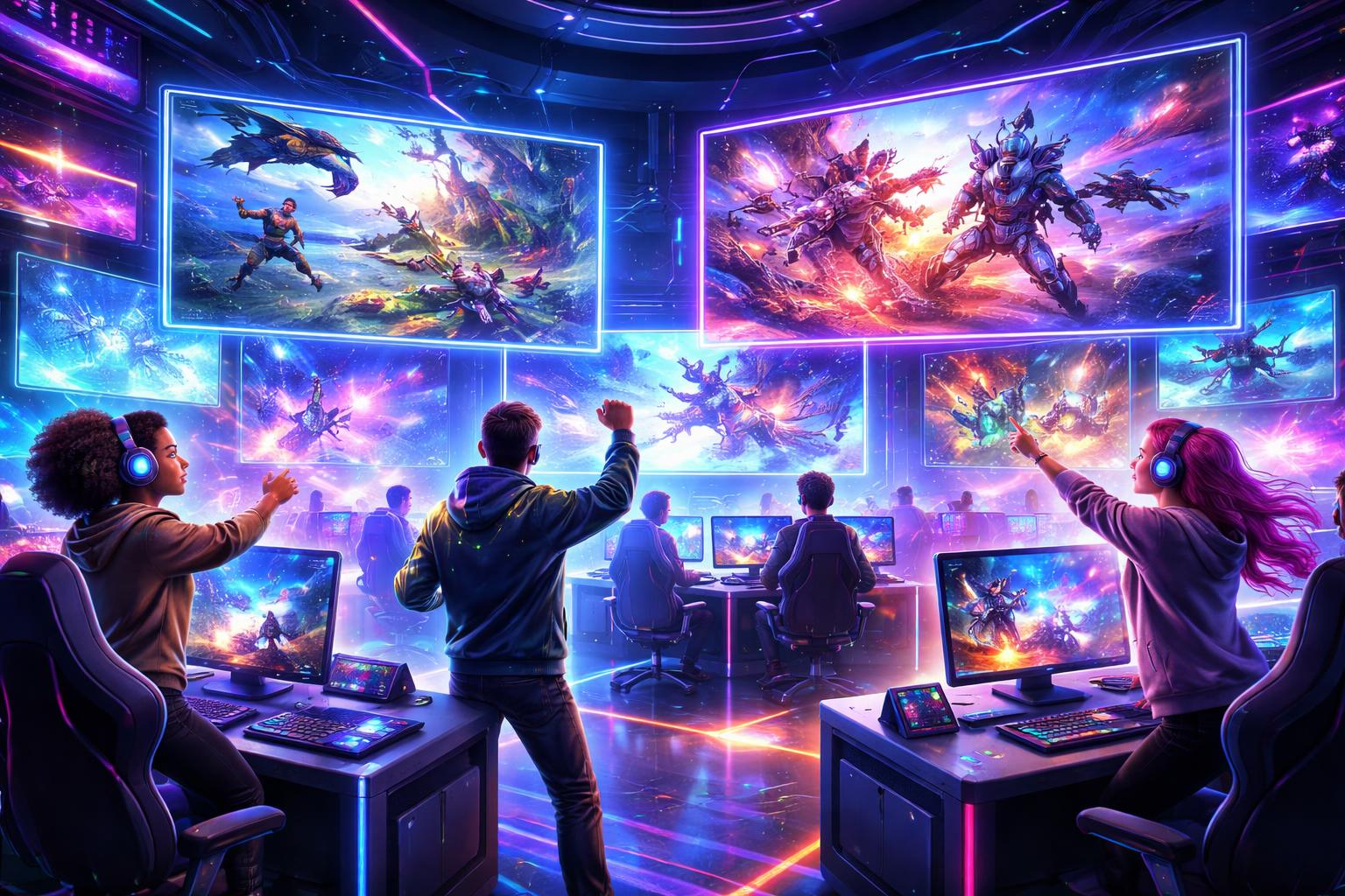Sebuah ruang permainan futuristik dengan layar holografik dan avatar pemain yang berinteraksi dengan permainan online populer.