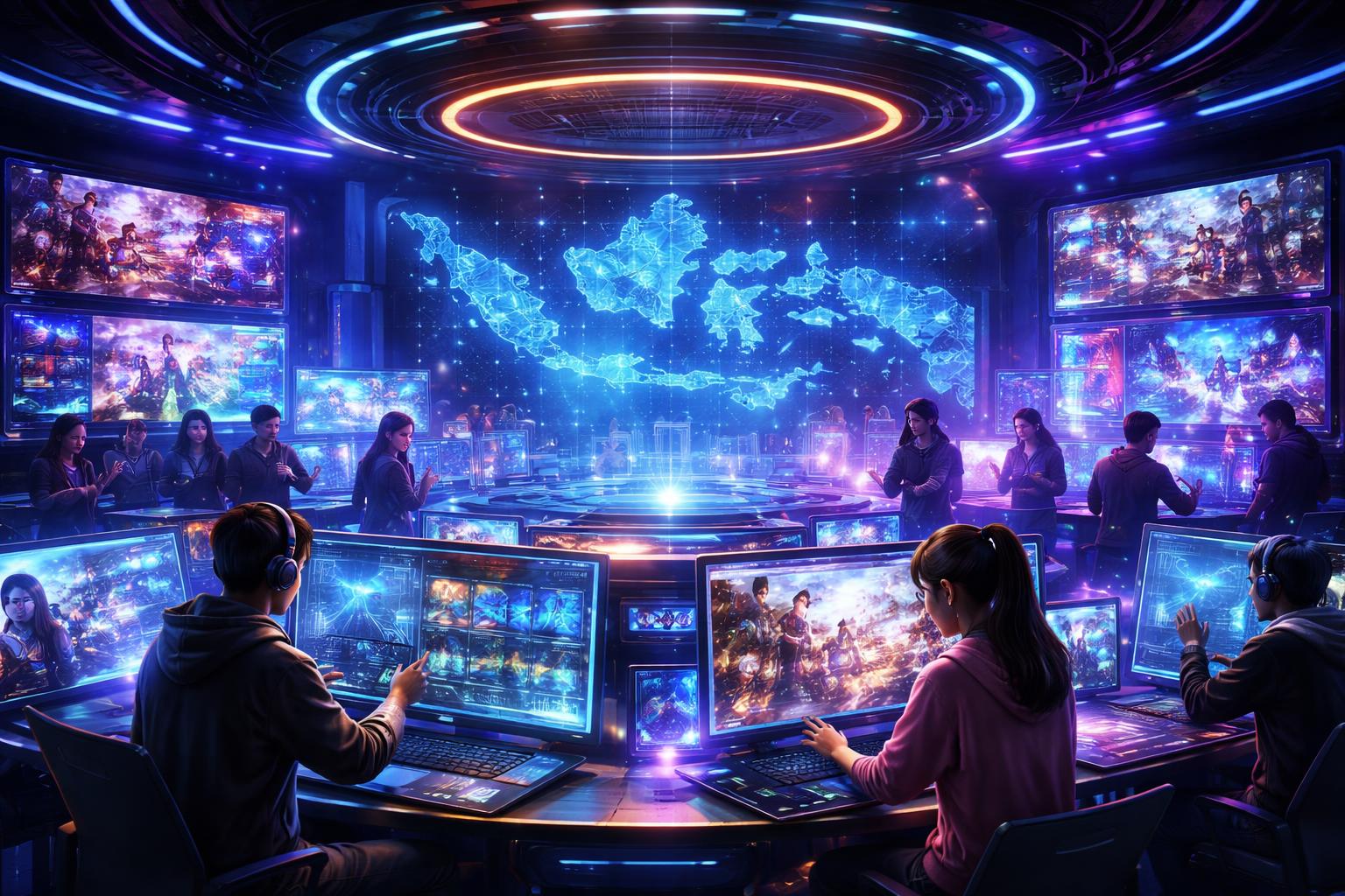 Ruangan digital futuristik dengan layar holografik menampilkan permainan online dan peta Indonesia, dikelilingi oleh para pemain dan ahli teknologi yang berinteraksi dengan elemen virtual.