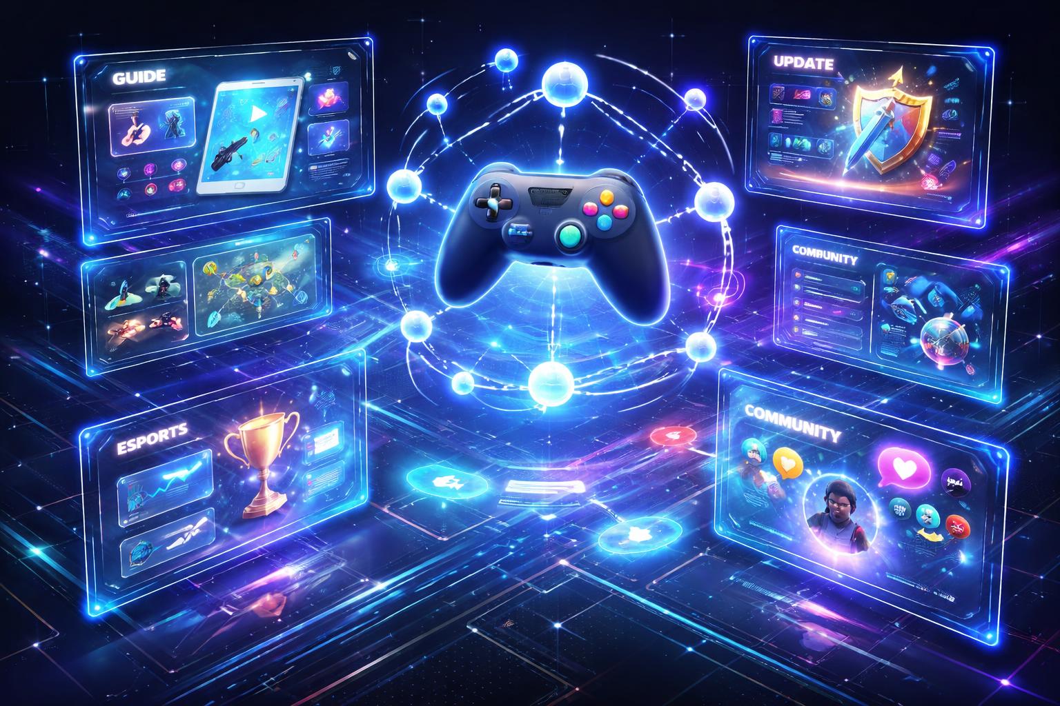 Tampilan 3D dari panel digital yang menampilkan kategori konten populer tentang game online dengan ikon dan grafik yang menggambarkan panduan, pembaruan, dan komunitas.