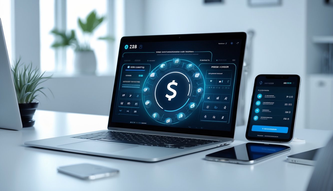 Seorang pengguna sedang mengoperasikan laptop dan perangkat digital lainnya di meja kerja modern dengan tampilan antarmuka perjudian online dan simbol transaksi keuangan.