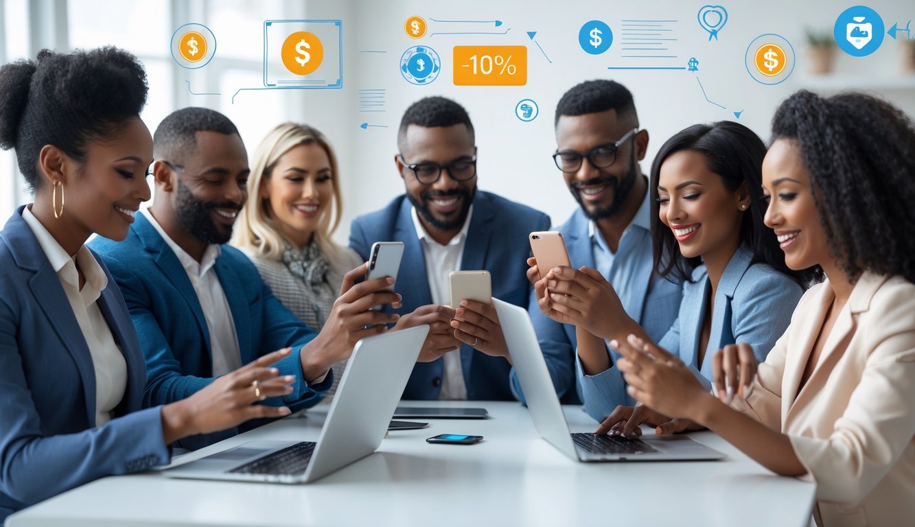 Sekelompok orang dewasa menggunakan perangkat digital dengan ekspresi puas, menggambarkan pengalaman bermain togel online yang cepat dan terpercaya.