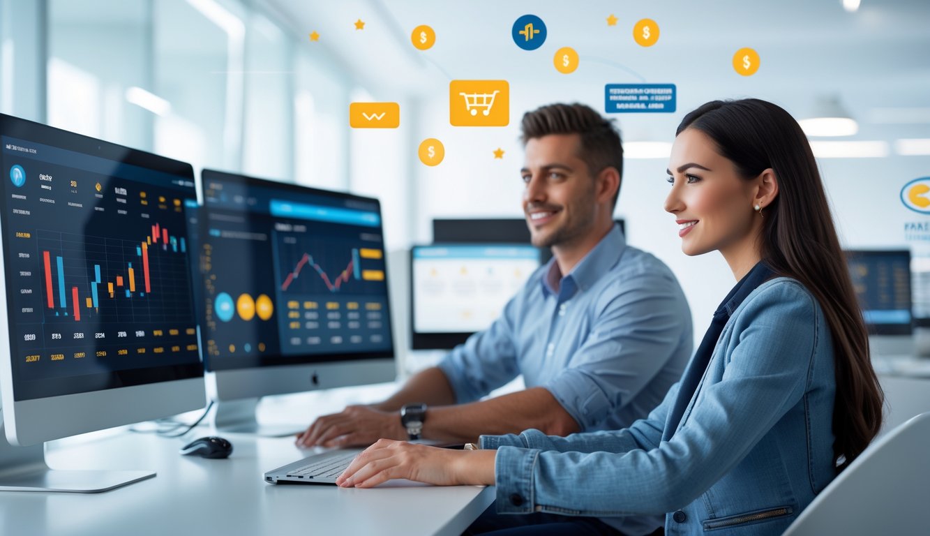 Dua orang dewasa duduk di meja dengan layar komputer yang menampilkan data terkait layanan togel online, di ruang kantor yang terang dan modern.