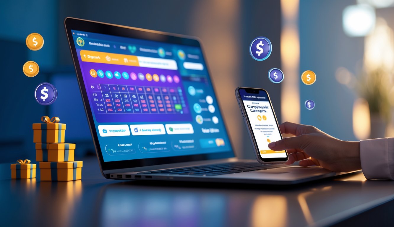 Sebuah ruang kerja modern dengan laptop dan ponsel yang menampilkan antarmuka permainan lotre online dan simbol pembayaran cepat serta bonus ajak teman.