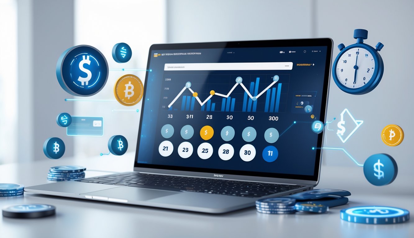 Seorang pengguna sedang mengakses platform togel online di komputer dengan simbol transaksi cepat dan jaringan referral di sekitar perangkat.